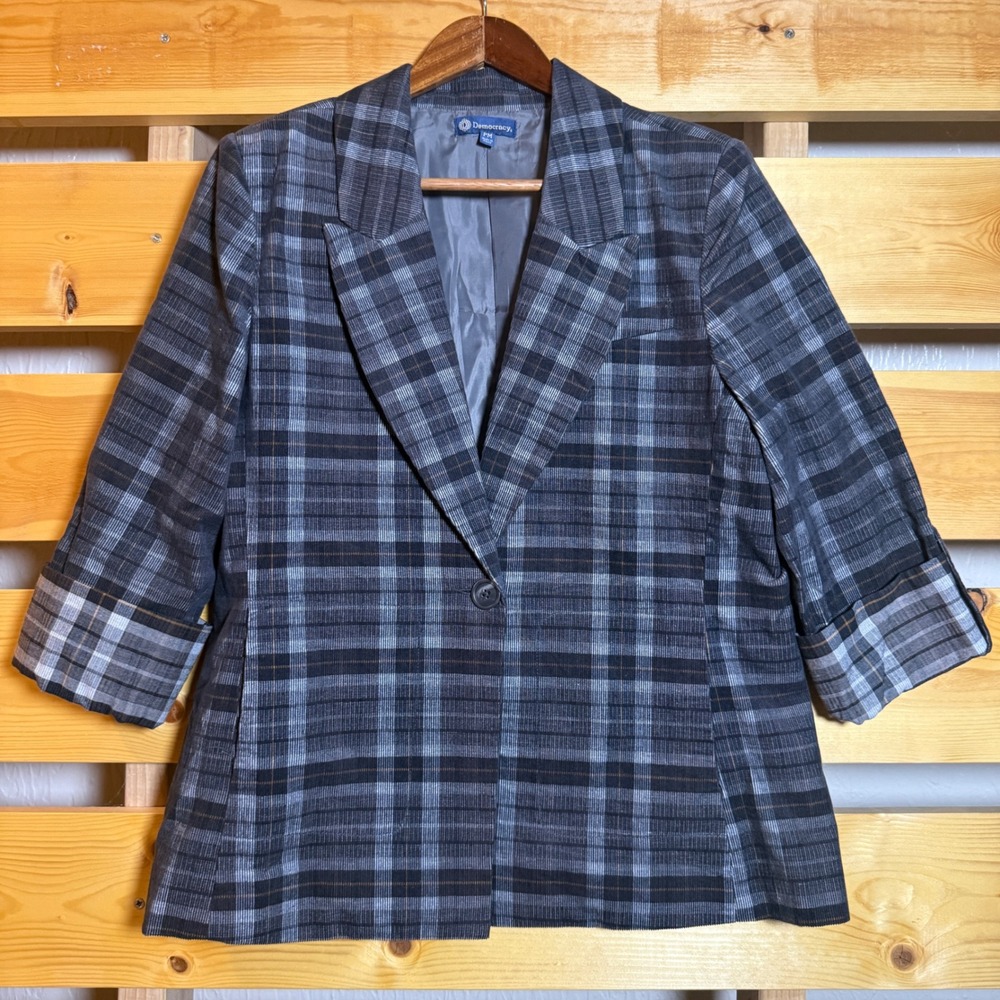 Democracy Plaid Corduroy Blazer Women PM Grey Preppy Career Professional